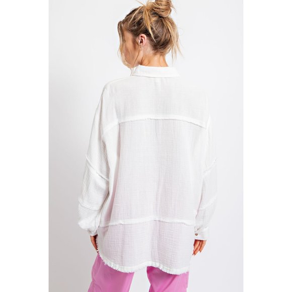 Easel Plus Off White Cotton Raw Hemline Curved Balloon Sleeve Loose Fit Top - Picture 5 of 5